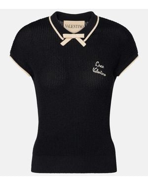Valentino Bow-Detail Logo Cotton-Blend Top - Black