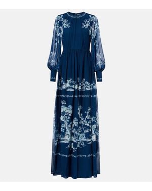 Erdem Floral Ruched Silk Gown - Blue