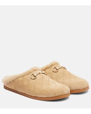 Gucci Horsebit Gg Shearling-Trimmed Suede Mules - Natural