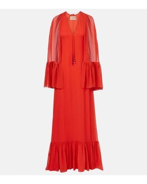 Valentino Caped Silk Georgette Maxi Dress - Red