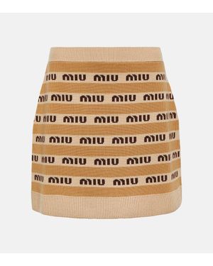 Miu Miu Logo Intarsia Virgin Wool Miniskirt - Natural