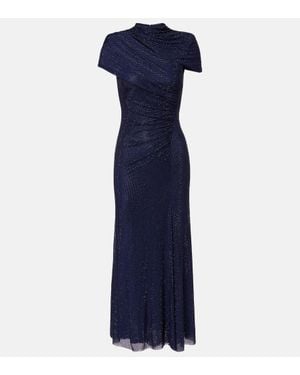 Self-Portrait Draped Rhinestone Mesh Midi Dress - Blue