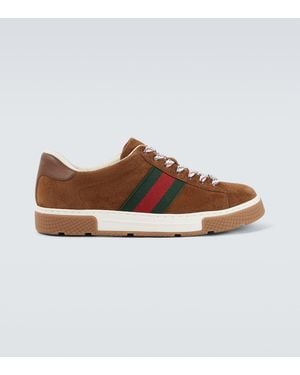Gucci Ace Web Stripe Suede Sneakers - Brown