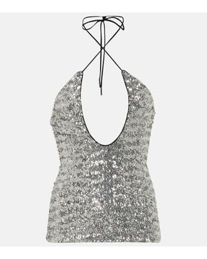The Attico Alix Sequined Tulle Halter Neck Top - Gray