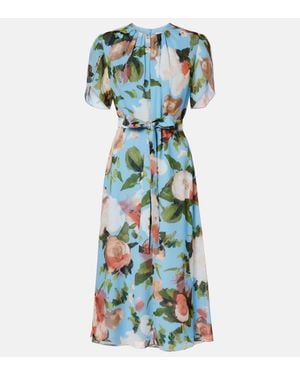 Erdem Robe Midi En Voile De Soie A Fleurs - Bleu