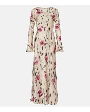 Ganni Floral Open-Back Satin Maxi Dress - Natural