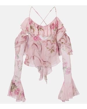 Blumarine Blusa De Seda Floral Con Volantes - Rosa