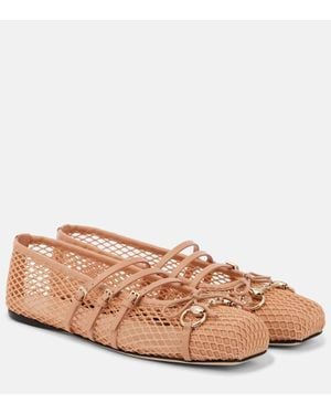 Gucci Horsebit Leather-Trimmed Mesh Ballet Flats - Brown