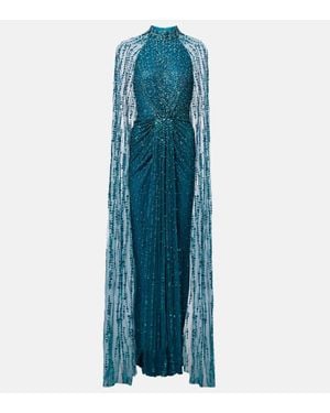 Jenny Packham Cairo Sequined Caped Gown - Blue