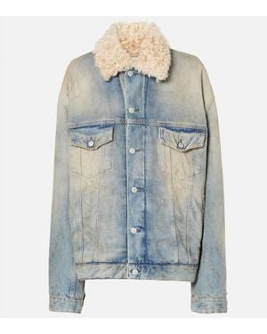 Acne Studios Shearling-Collar Distressed Denim Jacket - Blue