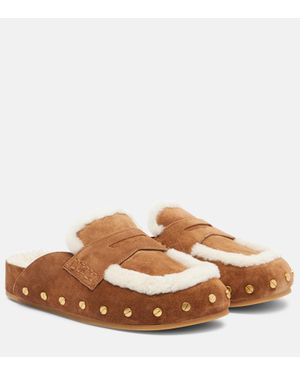 Veronica Beard Fenix Shearling-Lined Suede Mules - Brown