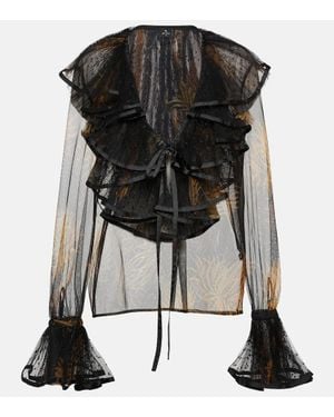 Etro Blusa Semitrasparente Con Stampa E Volant - Nero