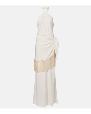 ‎Taller Marmo Meteora Fringed Halterneck Crepe Cady Gown - White