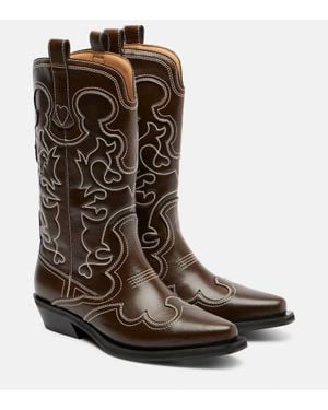 Ganni Mid Shaft Embroidered Cowboy Boots - Brown