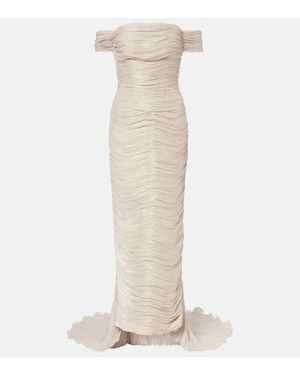 Marmar Halim Off-Shoulder Pleated Bustier Gown - White
