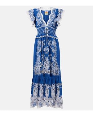 FARM Rio Embroidered Linen-Blend Maxi Dress - Blue