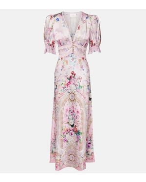 CAMILLA Bedrucktes Midikleid Aus Seide Mit Spitze - Pink