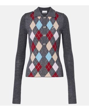 Ganni Polopullover Argyle Aus Wolle - Blau