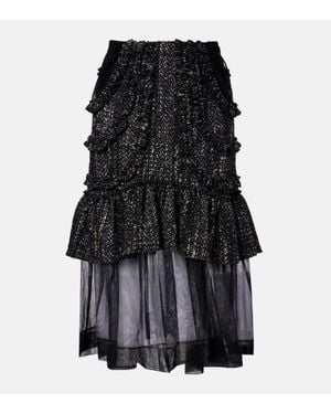 Simone Rocha Tulle-Trimmed High-Rise Tweed Midi Skirt - Black
