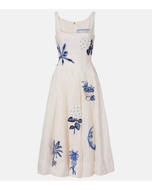 Agua Bendita Besticktes Midikleid Frontera Wild Aus Leinen - Weiß