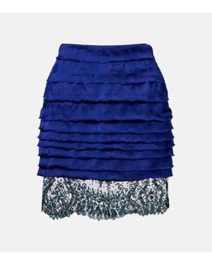 Saint Laurent Layered Lace-Trimmed Jacquard Miniskirt - Blue