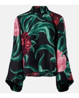 La DoubleJ Make An Exit Floral Silk Twill Top - Green