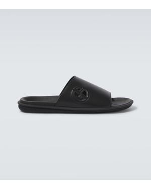 Giorgio Armani Logo Embossed Leather Slides - Black