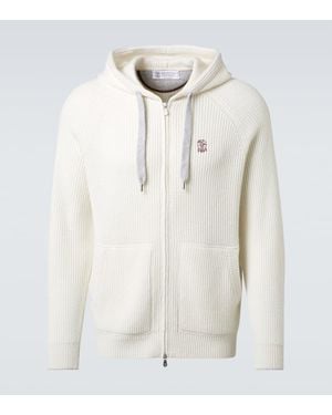 Brunello Cucinelli Ribbed-Knit Cashmere Zip-Up Hoodie - White