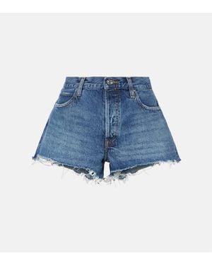 FRAME The Hang Frayed Mid-Rise Denim Shorts - Blue