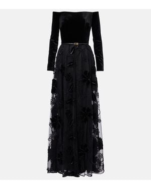 Elie Saab Verzierte Robe Aus Samt Und Tuell - Schwarz