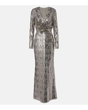 Elie Saab Floral-Applique Sequined Gown - Gray