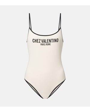 Valentino Logo Printed Pique Swimsuit - Natural