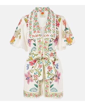 FARM Rio Floral Insects Linen-Blend Romper - White