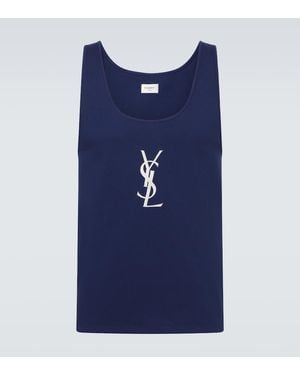 Saint Laurent Cassandre Embroidered Cotton Tank Top - Blue