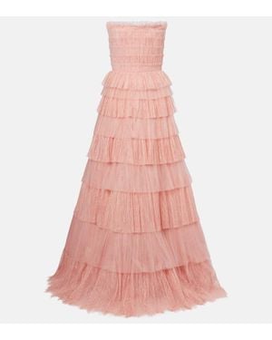 Costarellos Trissa Plisse Tiered Tulle And Lace Gown - Pink