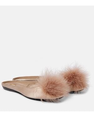 Saint Laurent Lido Pompom Satin Crepe Mules - Brown