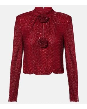 Self-Portrait Embellished Fishnet Blouse - Red