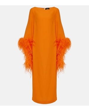 ‎Taller Marmo Del Lago Feather-Trimmed Crepe Cady Midi Dress - Orange
