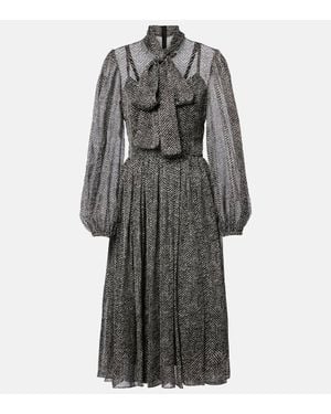 Dolce & Gabbana Chevron Tie-Neck Silk-Blend Midi Dress - Grey