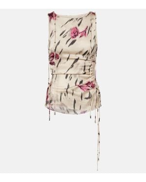 Ganni Floral Ruched Satin Top - Natural