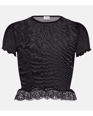 Saint Laurent Cropped Lace-Trimmed Ribbed Silk Top - Black