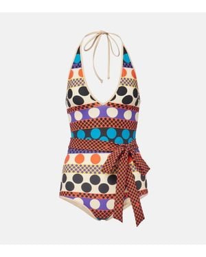 Valentino Escape Belted Polka-Dot Swimsuit - White