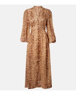 Zimmermann Cascadian Leopard-Print Linen Midi Dress - Brown
