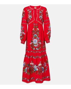 FARM Rio Floral Linen-Blend Midi Dress - Red