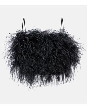 Miu Miu Feather-Trimmed Grain De Poudre Bra Top - Black