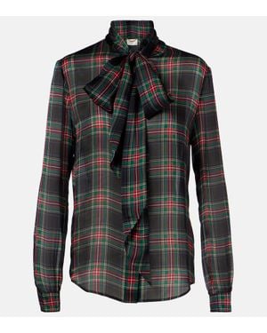 Saint Laurent Pussy-Bow Checked Silk-Chiffon Blouse - Multicolour
