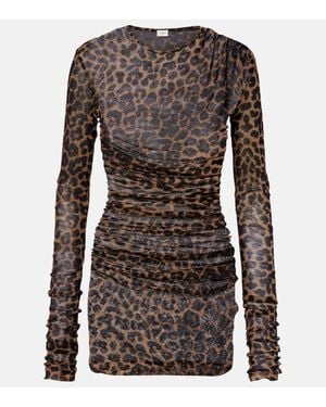 Saint Laurent Leopard-Print Ruched Tulle Minidress - Brown