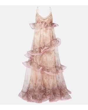 Zimmermann Crush Printed Ruffled Silk Organza Gown - Pink