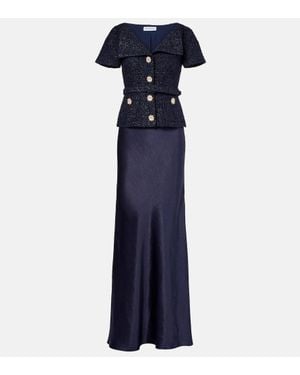 Self-Portrait Embellished Boucle And Satin Maxi Dress - Blue