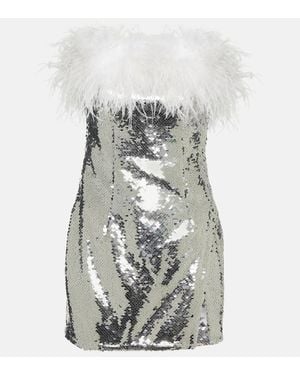 Self-Portrait Feather-Trimmed Sequined Minidress - Grey